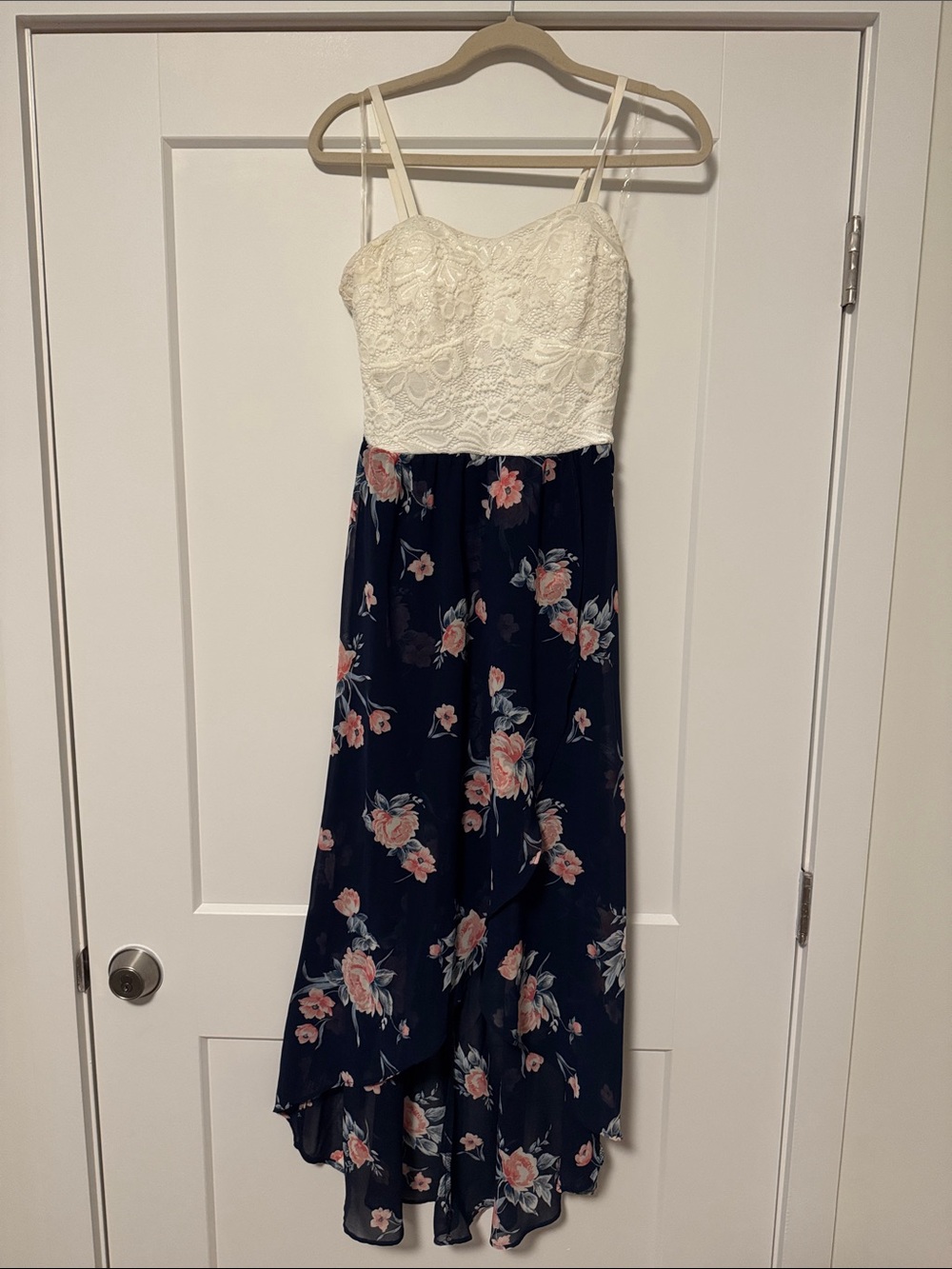 Lily Rose Cream Lace Bodice with Navy Floral High-Low Dress